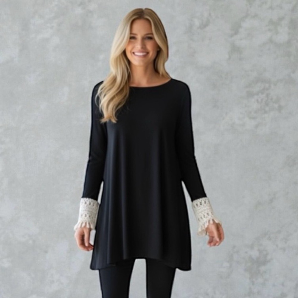 Emerald, Women’s Black Tunic Top Long Sleeves with Lace Cuffs. Made USA, Large